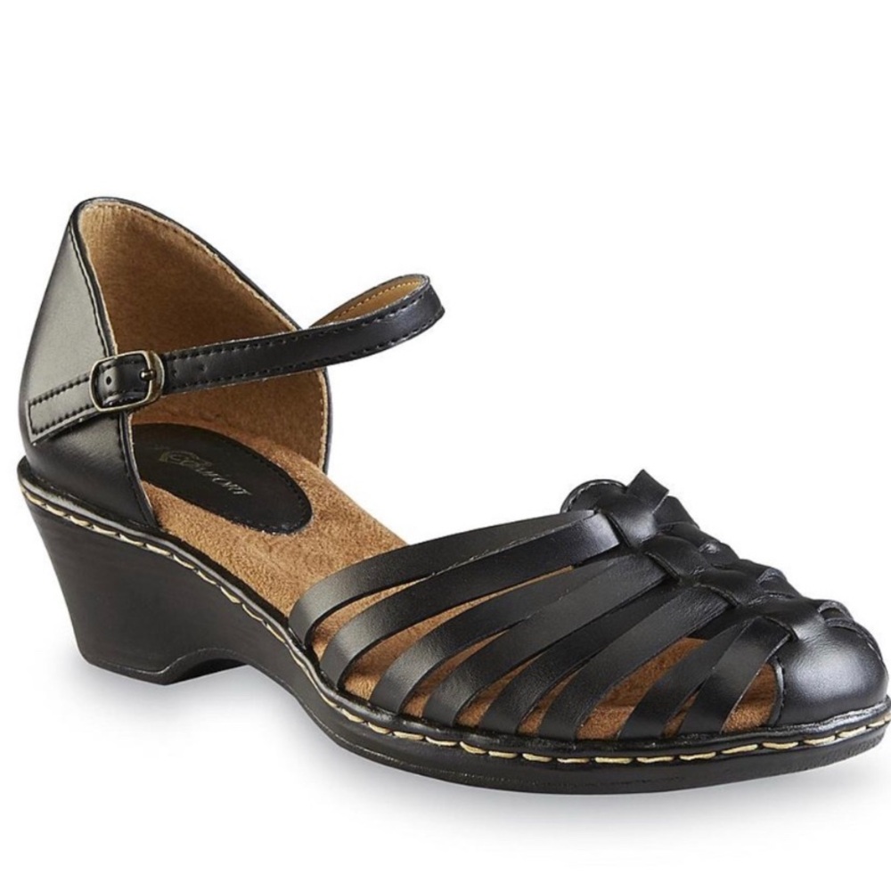 I LOVE COMFORT Black Rita Leather Sandal Size 6M Low Heel Strappy Huarache Woven